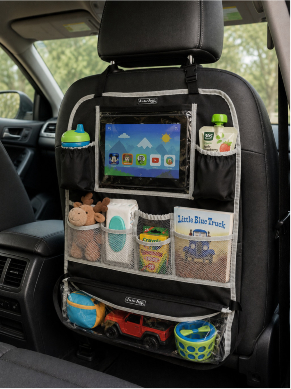 J is for Jeep Back Seat Car Organizer Travel Storage Caddy Black Gray Baby Kids - Picture 1 of 5